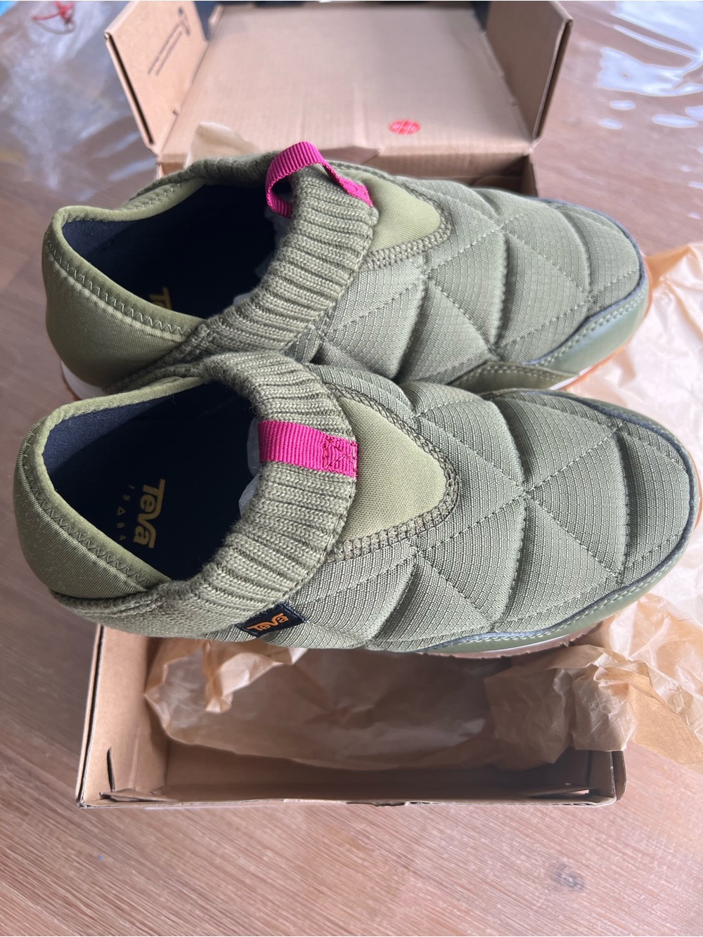 Teva Women’s Olive Green Quilted Slip-On Shoes with Pink Loop